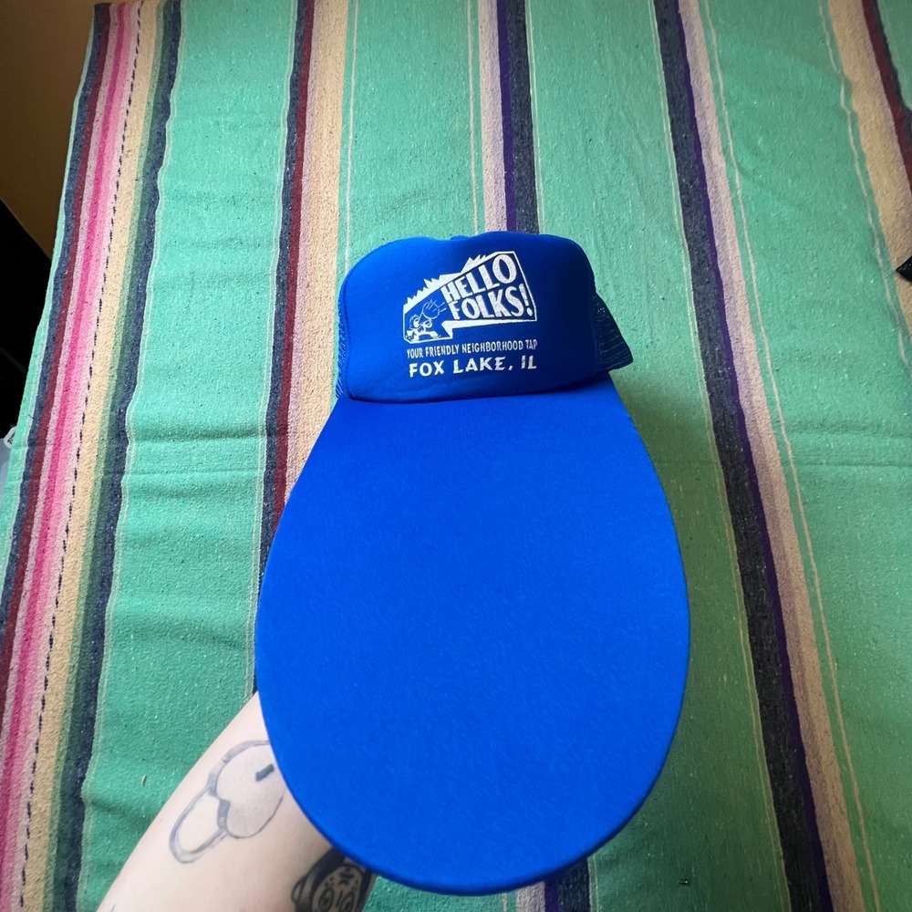 Huge Trucker Hat Unisex OS Blue Long Bill Hello Folks Fox Lake IL Novelty